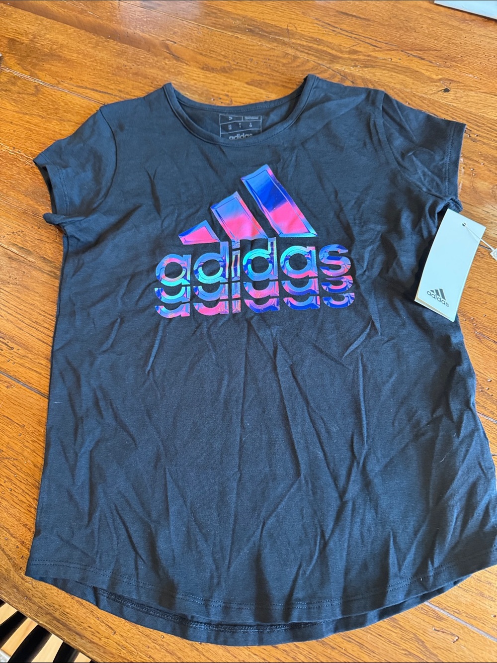 adidas Black Tee with Pink and Blue Iridescent Logo